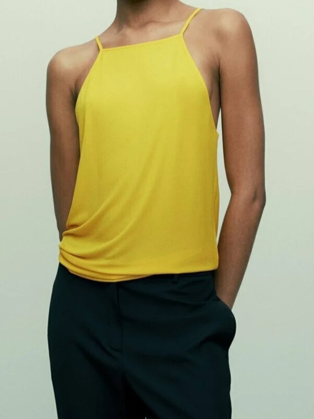 New Massimo Dutti Ribbed Squareneck Spaghetti Strap Yellow/Orange Tank Top Large